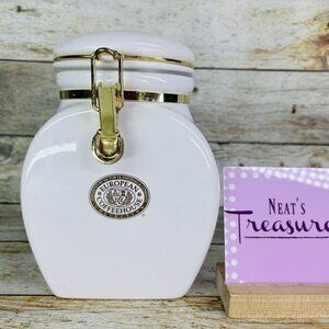 Vintage EUROPEAN COFFEEHOUSE White Gold Letters Ceramic Airtight 8.5"T Canister